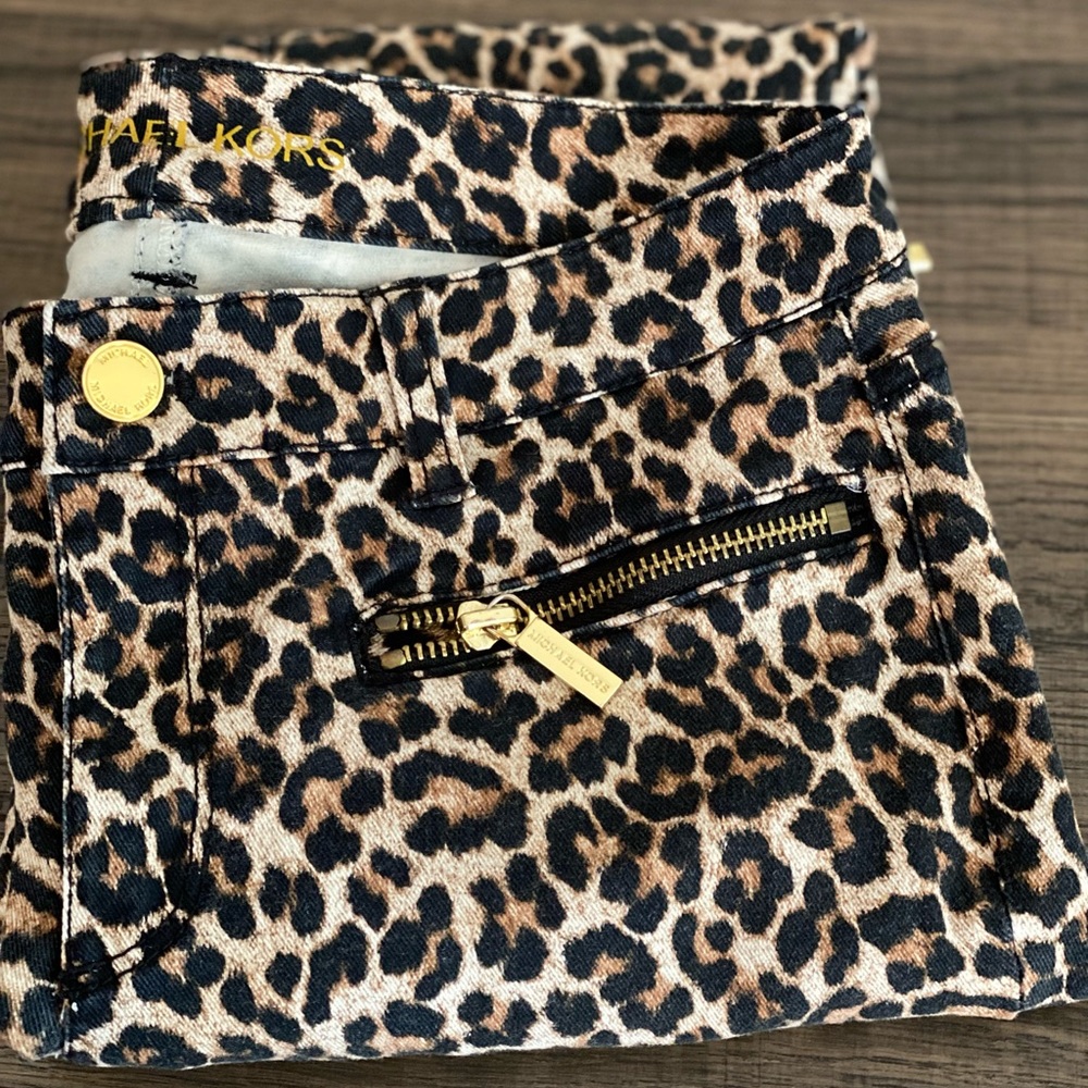 Michael Kor Leopard Stretch Denim w zipper detail